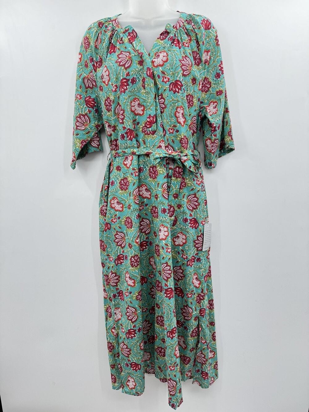 Maisie Tie Waist Midi Dress in Ethnic Floral Sz L Green Pink Boho Beachy Cotton